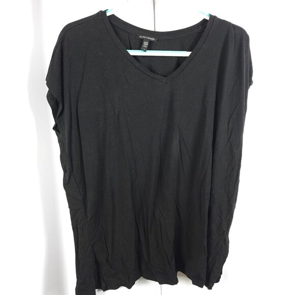 Eileen Fisher Womens Large Black V-Neck Tencel Spandex Cap Sleeve Blouse Top - Picture 1 of 6